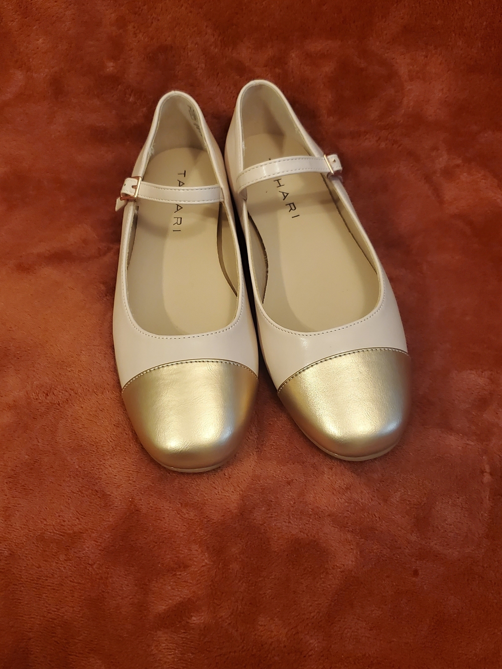 Tahari Light Pink Mary Jane Flats with Gold Cap Toe